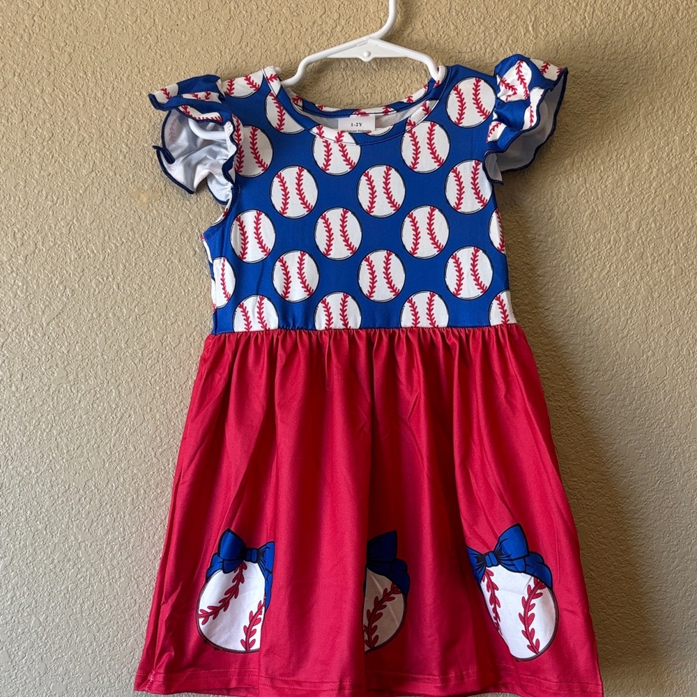 Baseball Print Kids Dress - Red and Blue